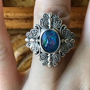Australian Blue Opal Sterling Silver Butterfly Ring Size 7